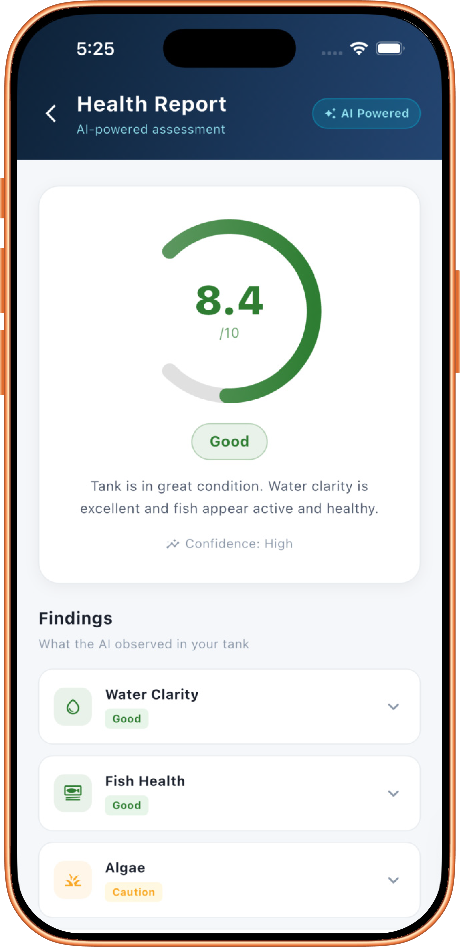 Aquozy app — AI aquarium health check report